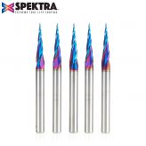 46280-K-5 5-Pack CNC 2D and 3D Carving 6.2 Deg Tapered Angle Ball Tip x 1/32 Dia x 1/64 Radius x 1  x 1/4 Shank x 3 Inch Long x 3 Flute Solid Carbide Up-Cut Spiral Spektra™ Extreme Tool Life Coated Router Bit
