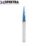 46282-K CNC 2D and 3D Carving 5.4 Deg Tapered Angle Ball Tip 1/16 Dia x 1/32 Radius x 1 x 1/4 Shank x 3 Inch Long x 4 Flute Solid Carbide Up-Cut Spiral Spektra™ Extreme Tool Life Coated Router Bit