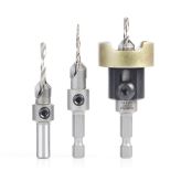 AMS-621 3-Pc Carbide Tipped Countersink with Adjustable Depth Stop and No-Thrust, No-Mar Ball Bearing Set with Quick Release Hex & Round Shank