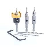 AMS-628-T 6-Pc Carbide Tipped Countersink with Adjustable Depth Stop and No-Thrust, No-Mar Ball Bearing Set with Quick Release Shank and Replacement HSS Drills Packed In Tanos Systainer Plastic Case