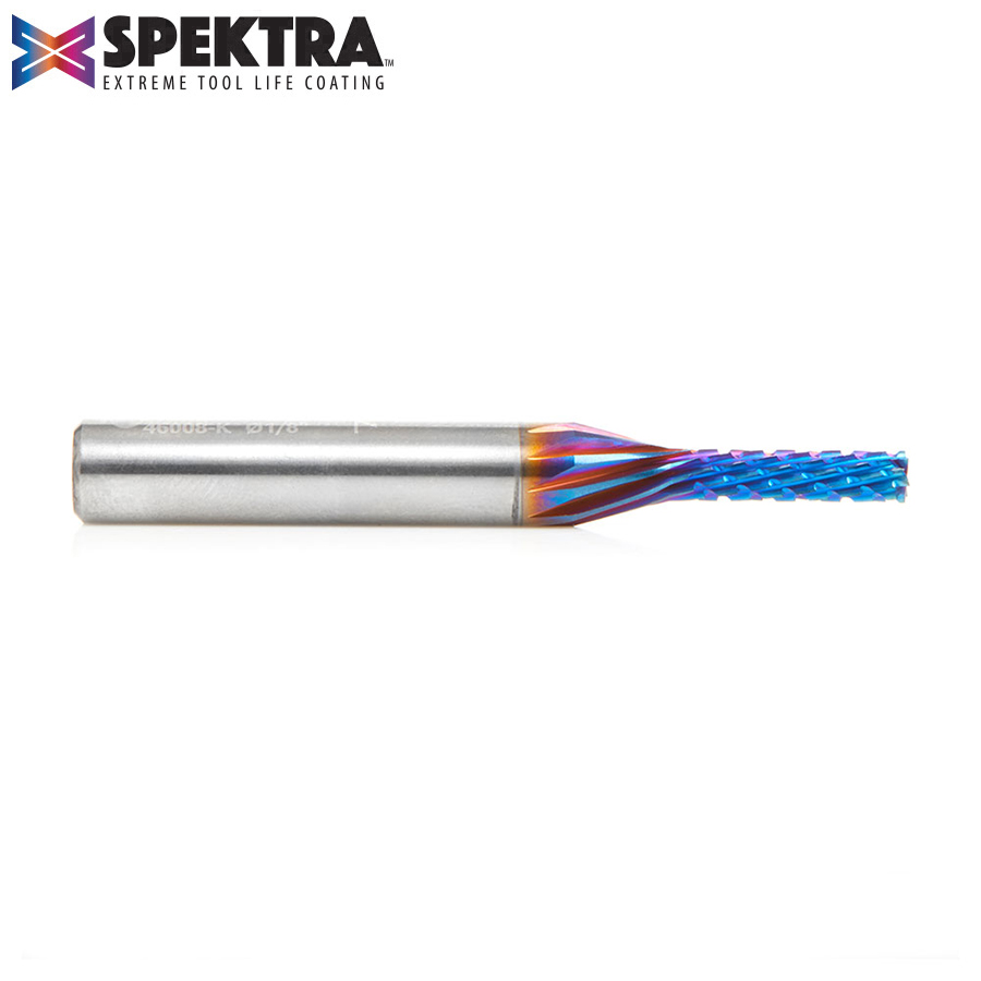 46008-K Solid Carbide CNC Spektra™ Extreme Tool Life Coated Spiral Carbon Graphite & Carbon Fiber Panel Cutting 1/8 Dia x 1/2 x 1/4 Shank x 2 Inch Long Down-Cut Router Bit