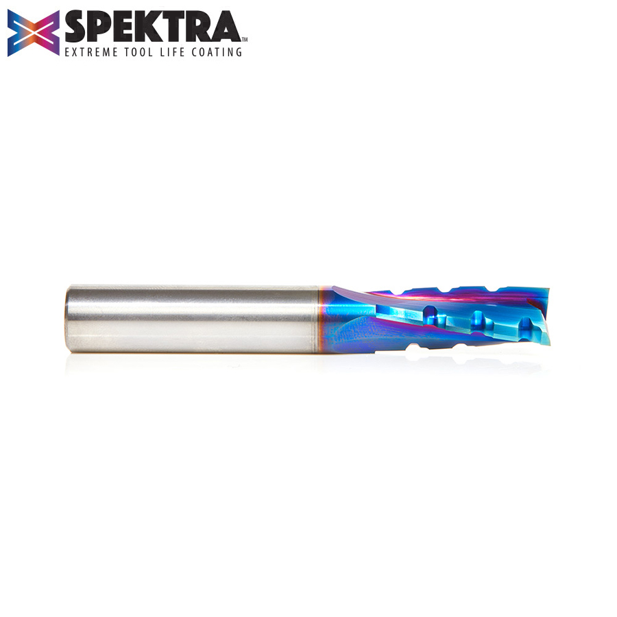 46153-K Solid Carbide CNC Spektra™ Extreme Tool Life Coated Spiral Phenolic, Resin and Composite with Chipbreaker 1/2 Dia x 1-1/4 x 1/2 Shank x 3-1/2 Inch Long Slow Helix Up-Cut Router Bit