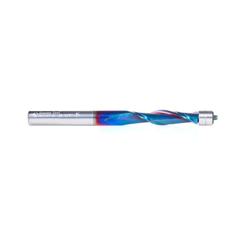 46197-K Solid Carbide Spektra™ Extreme Tool Life Coated UltraTrim Spiral 1/4 Dia x 1 Inch x 1/4 Shank with Double Ball Bearing Up-Cut