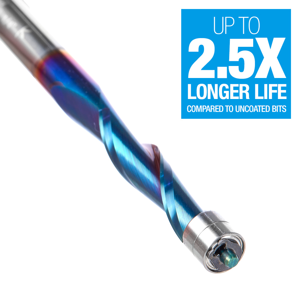 46197-K Solid Carbide Spektra™ Extreme Tool Life Coated UltraTrim Spiral 1/4 Dia x 1 Inch x 1/4 Shank with Double Ball Bearing Up-Cut