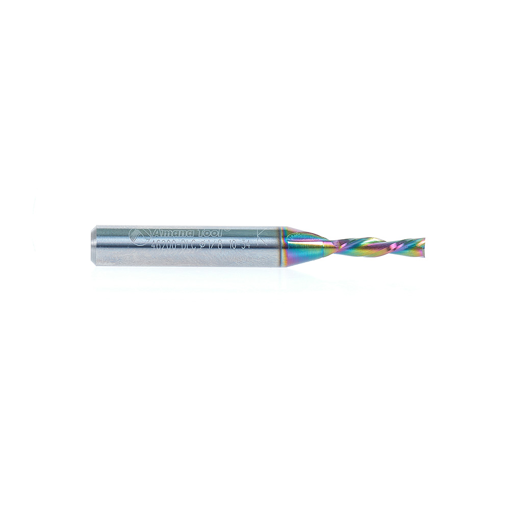 46200-DLC Solid Carbide Spiral Plunge Diamond-Like Carbon (DLC) Coated for Solid Wood 1/8 Dia x 1/2 x 1/4 Inch Shank x 2 Inch Long Down-Cut