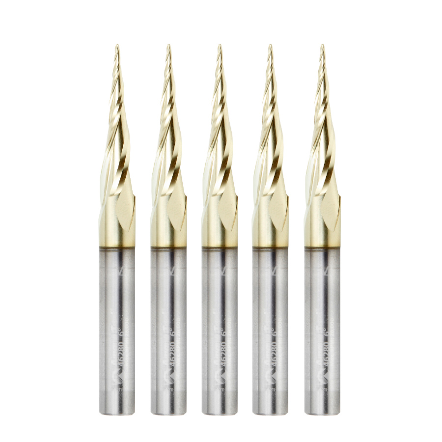 46280-5, 5-Pack CNC 2D and 3D Carving 6.2 Deg Tapered Angle Ball Tip x 1/32 Dia x 1/64 Radius x 1 x 1/4 Shank x 3 Inch Long x 3 Flute Solid Carbide Up-Cut Spiral ZrN Coated Router Bits