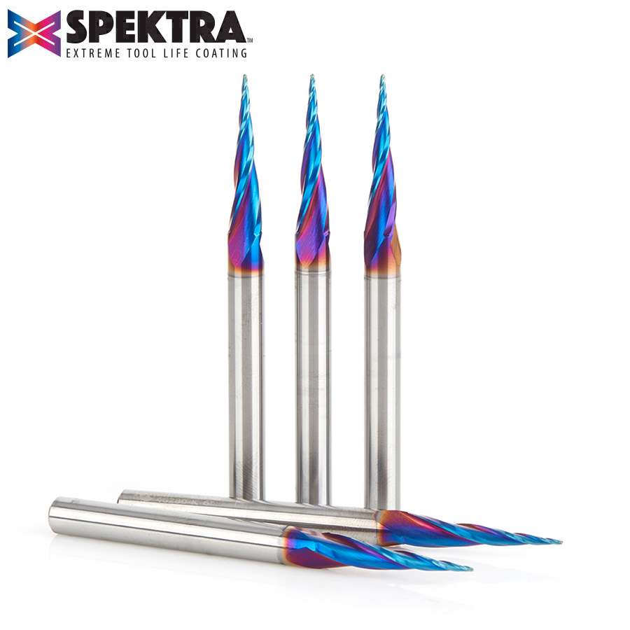46280-K-5 5-Pack CNC 2D and 3D Carving 6.2 Deg Tapered Angle Ball Tip x 1/32 Dia x 1/64 Radius x 1 x 1/4 Shank x 3 Inch Long x 3 Flute Solid Carbide Up-Cut Spiral Spektra™ Extreme Tool Life Coated Router Bit