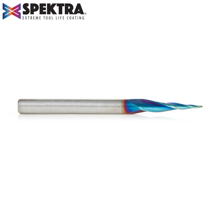 46280-K CNC 2D and 3D Carving 6.2 Deg Tapered Angle Ball Tip x 1/32 Dia x 1/64 Radius x 1  x 1/4 Shank x 3 Inch Long x 3 Flute Solid Carbide Up-Cut Spiral Spektra™ Extreme Tool Life Coated Router Bit