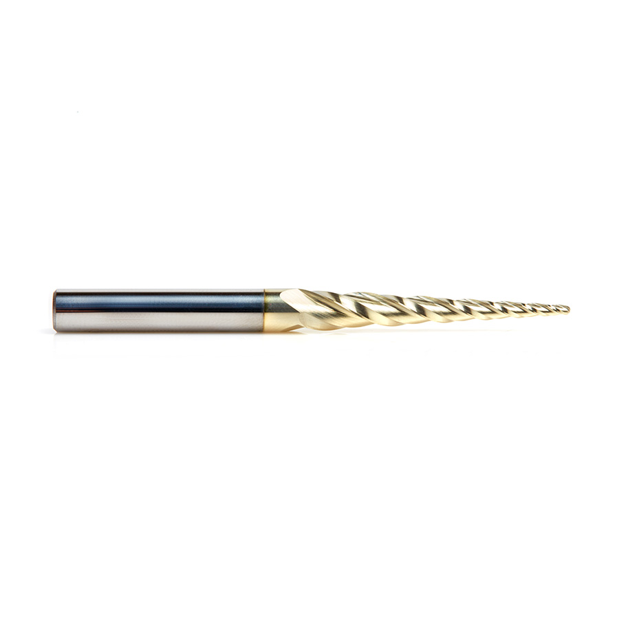 46281 CNC 2D and 3D Carving 3.6 Deg Tapered Angle Ball Tip 1/16 Dia x 1/32 Radius x 1-1/2 x 1/4 Shank x 3 Inch Long x 3 Flute Solid Carbide Up-Cut Spiral ZrN Coated Router Bit