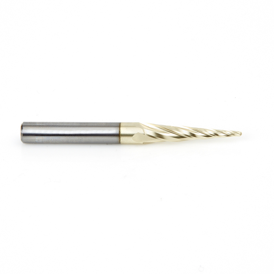 46282-5, 5-Pack CNC 2D and 3D Carving 5.4 Deg Tapered Angle Ball Tip 1/16 Dia x 1/32 Radius x 1 x 1/4 Shank x 3 Inch Long x 4 Flute Solid Carbide Up-Cut Spiral ZrN Coated Router Bits