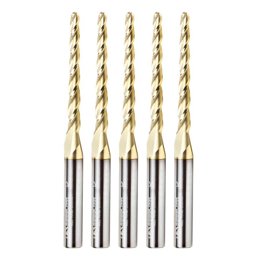 46284-5, 5-Pack CNC 2D and 3D Carving 1 Deg Tapered Angle Ball Tip 1/8 Dia x 1/16 Radius x 1-1/2  x 1/4 Shank x 3 Inch Long x 3 Flute Solid Carbide Up-Cut Spiral ZrN Coated Router Bits