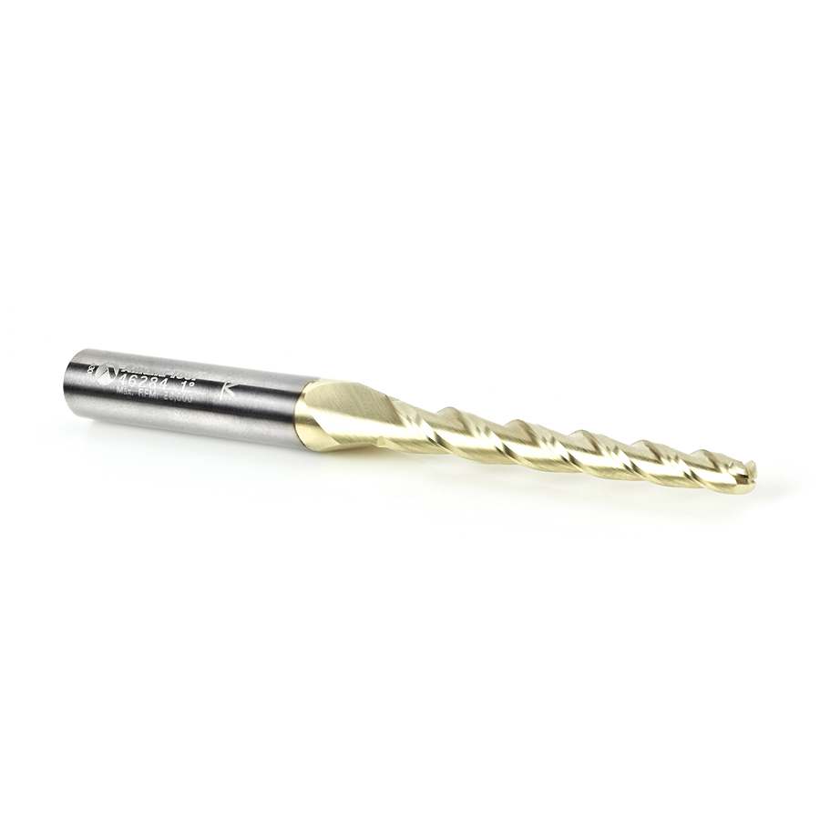 46284 CNC 2D and 3D Carving 1 Deg Tapered Angle Ball Tip 1/8 Dia x 1/16 Radius x 1-1/2  x 1/4 Shank x 3 Inch Long x 3 Flute Solid Carbide Up-Cut Spiral ZrN Coated Router Bit