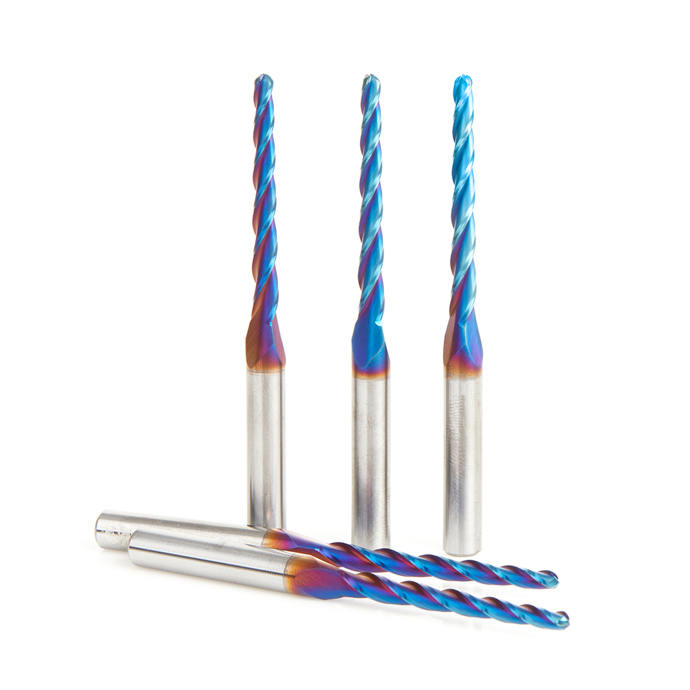 46284-K-5 5-Pack CNC 2D and 3D Carving 1 Deg Tapered Angle Ball Tip x 1/8 Dia x 1/16 Radius x 1-1/2 x 1/4 Shank x 3 Inch Long x 3 Flute Solid Carbide Up-Cut Spiral Spektra™ Extreme Tool Life Coated Router Bit