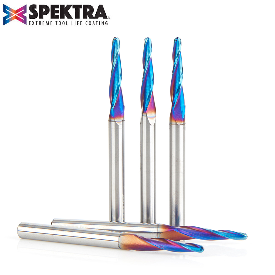 46286-K-5 5-Pack CNC 2D and 3D Carving 3.6 Deg Tapered Angle Ball Tip 1/8 Dia x 1/16 Radius x 1 x 1/4 Shank x 3 Inch Long x 3 Flute Solid Carbide Up-Cut Spiral Spektra™ Extreme Tool Life Coated Router Bit