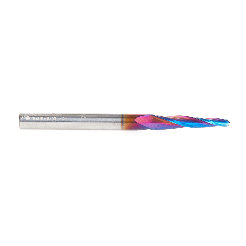 46286-K-M CNC 2D and 3D Carving 3.6 Deg Tapered Angle Ball Tip x 3.0mm Dia x 1.50mm Radius x 26mm x 6mm Shank x 75mm Long x 3 Flute Solid Carbide Up-Cut Spiral Spektra™ Extreme Tool Life Coated Router Bit