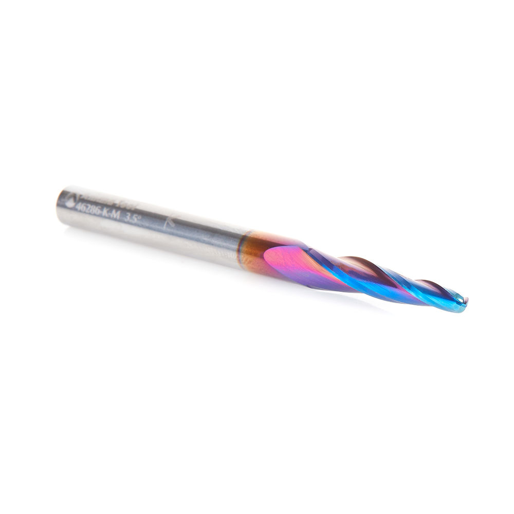 46286-K-M CNC 2D and 3D Carving 3.6 Deg Tapered Angle Ball Tip x 3.0mm Dia x 1.50mm Radius x 26mm x 6mm Shank x 75mm Long x 3 Flute Solid Carbide Up-Cut Spiral Spektra™ Extreme Tool Life Coated Router Bit