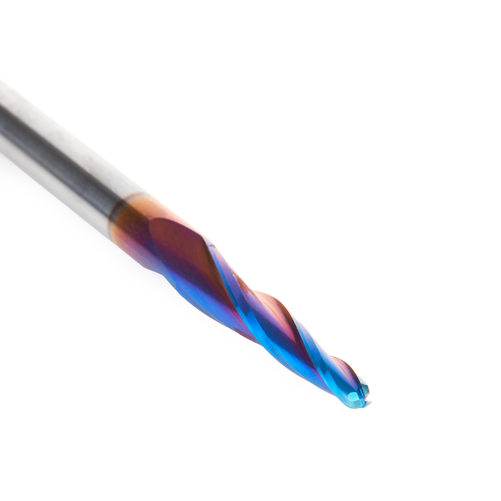 46286-K-M CNC 2D and 3D Carving 3.6 Deg Tapered Angle Ball Tip x 3.0mm Dia x 1.50mm Radius x 26mm x 6mm Shank x 75mm Long x 3 Flute Solid Carbide Up-Cut Spiral Spektra™ Extreme Tool Life Coated Router Bit