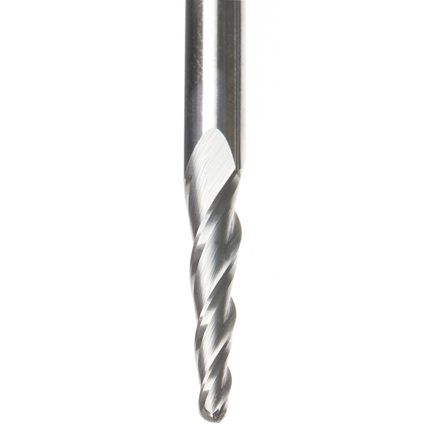 46286-U CNC 2D and 3D Carving 3.6 Deg Tapered Angle Ball Tip 1/8 Dia x 1/16 Radius x 1 x 1/4 Shank x 3 Inch Long x 3 Flute Solid Carbide Up-Cut Spiral Router Bit