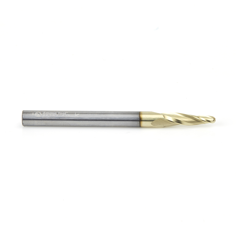 46287 CNC 2D and 3D Carving 5 Deg Tapered Angle Ball Tip 1/8 Dia x 1/16 Radius x 3/4 x 1/4 Shank x 3 Inch Long x 3 Flute Solid Carbide Up-Cut Spiral ZrN Coated Router Bit