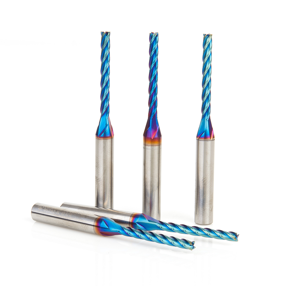46292-K-5 5-Pack CNC 2D and 3D Carving Flat Bottom 0.10 Deg Angle x 1/8 Dia x 1-3/32 x 1/4 Shank x 2-1/2 Inch Long x 4 Flute Solid Carbide Up-Cut Spiral Spektra™ Extreme Tool Life Coated Router Bit