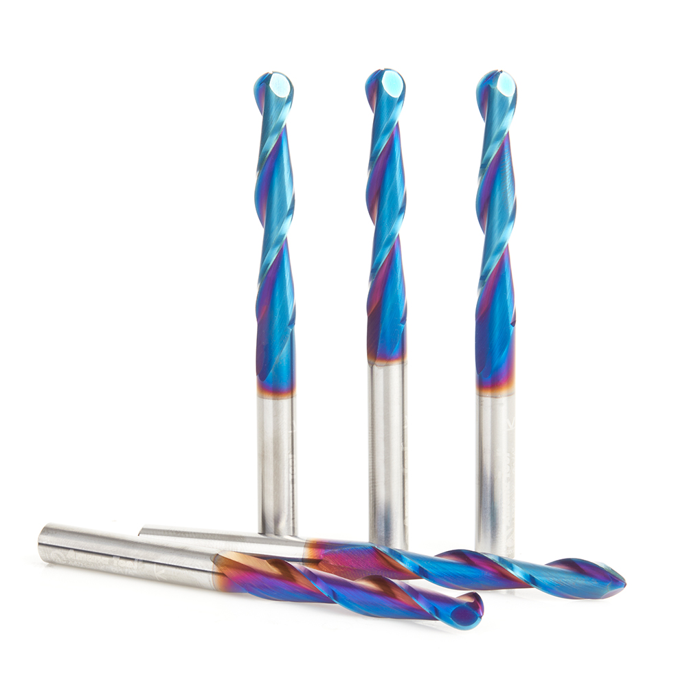 46294-K-5 5-Pack CNC 2D and 3D Carving 0.10 Deg Straight Angle Ball Tip 1/4 Dia x 1/8 Radius x 1-1/2 x 1/4 Shank x 3 Inch Long x 2 Flute Solid Carbide Spektra™ Extreme Tool Life Coated Router Bit