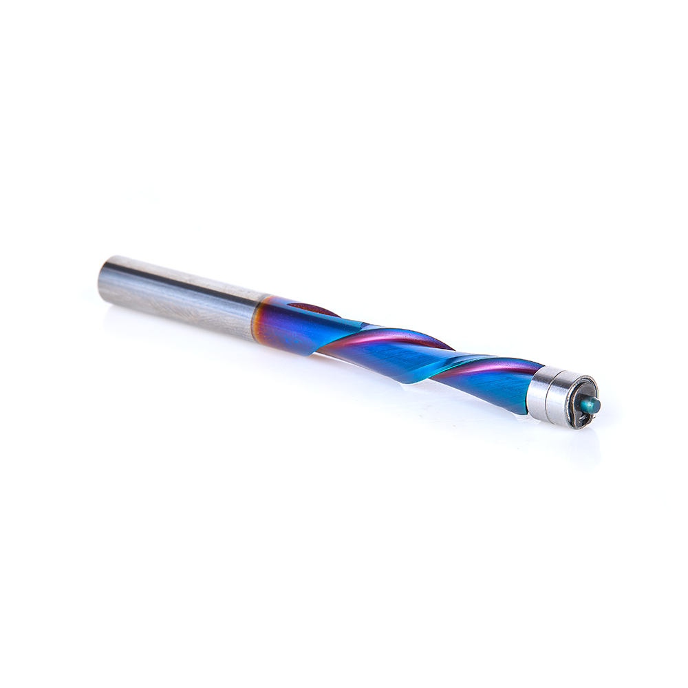 46297-K Solid Carbide Spektra™ Extreme Tool Life Coated UltraTrim Spiral Trim 1/4 Dia x 1 Inch x 1/4 Shank with Double Ball Bearing Down-Cut