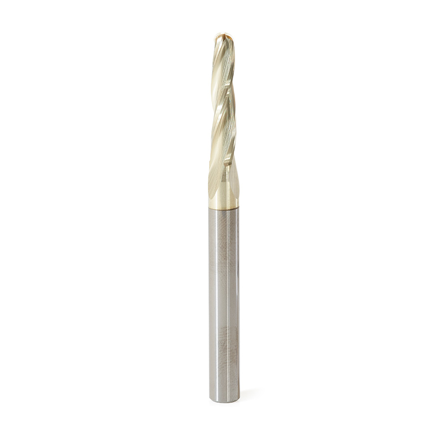 46298 CNC 2D and 3D Carving 1 Deg Tapered Angle Ball Tip 3/16 Dia x 3/32 Radius x 1 x 1/4 Shank x 3 Inch Long x 3 Flute Solid Carbide Up-Cut Spiral ZrN Coated Router Bit