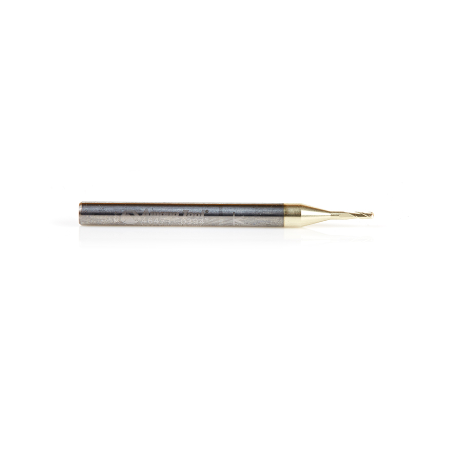 46471 CNC 2D and 3D Carving 0.10 Deg Tapered Angle Ball Tip x 1mm (.0394") Dia x 0.5mm (.019") Radius x 3mm (.118") x 3.175mm (1/8) Shank x 38.1mm (1-1/2) Long x 3 Flute Up-Cut Spiral Solid Carbide ZrN Coated