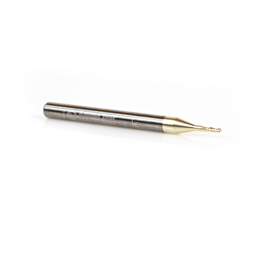 46471 CNC 2D and 3D Carving 0.10 Deg Tapered Angle Ball Tip x 1mm (.0394") Dia x 0.5mm (.019") Radius x 3mm (.118") x 3.175mm (1/8) Shank x 38.1mm (1-1/2) Long x 3 Flute Up-Cut Spiral Solid Carbide ZrN Coated