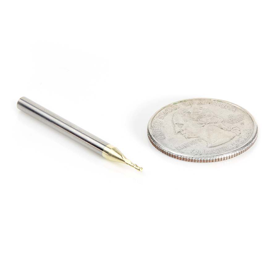 46581 CNC 2D and 3D Carving Flat Bottom x 0.10 Deg Angle x 1mm (.0394") Dia x 3mm (.118") x 3.175mm (1/8) Shank x 38.1 (1-1/2) Long x 3 Flute Solid Carbide ZrN Coated Router Bit