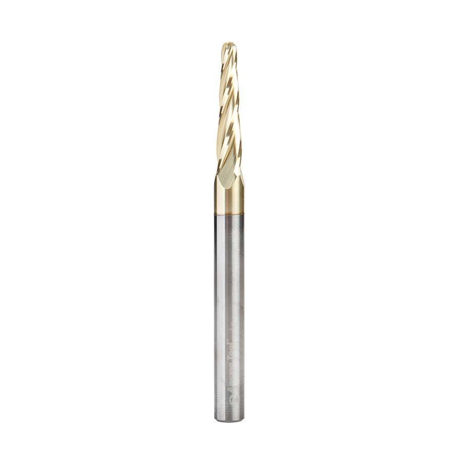 46583 CNC 2D and 3D Carving 3.6 Deg Tapered Angle Ball Tip 1/8 Dia x 1/16 Radius x 1  x 1/4 Shank x 3 Inch Long x 4 Flute Solid Carbide Up-Cut Spiral ZrN Coated Router Bit