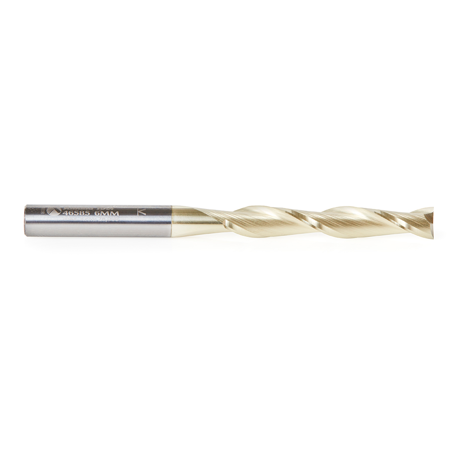 46585 CNC 2D and 3D Carving Flat Bottom x 0.10 Deg Straight Angle x 6mm Dia x 38mm x 6mm Shank x 75mm Long x 2 Flute Solid Carbide ZrN Coated Router Bit