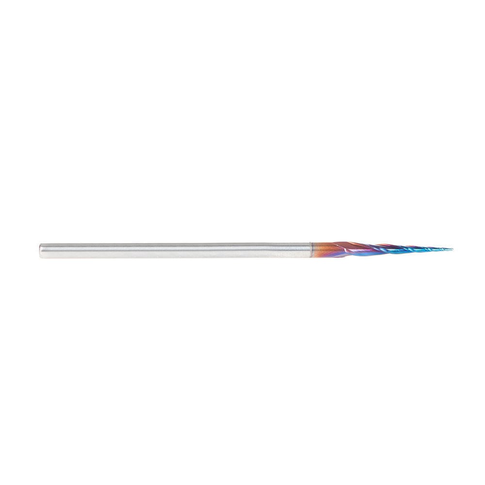 48418-K-M CNC 2D and 3D Carving 3.7 Deg Tapered Angle Ball Tip x .50mm Dia x .25mm Radius x 19mm x 3mm Shank x 75mm Long x 3 Flute Solid Carbide Up-Cut Spiral Spektra™ Extreme Tool Life Coated Router Bit
