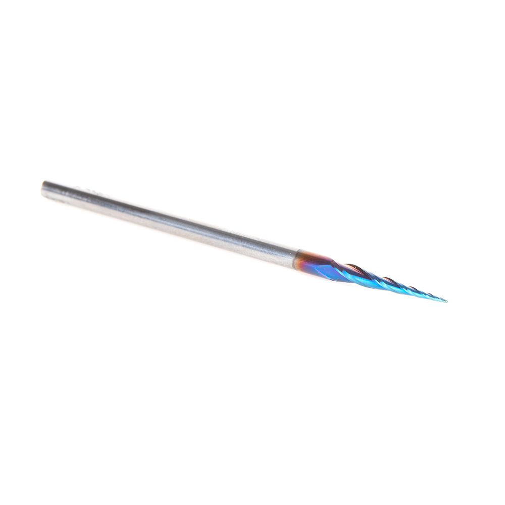 48418-K-M CNC 2D and 3D Carving 3.7 Deg Tapered Angle Ball Tip x .50mm Dia x .25mm Radius x 19mm x 3mm Shank x 75mm Long x 3 Flute Solid Carbide Up-Cut Spiral Spektra™ Extreme Tool Life Coated Router Bit