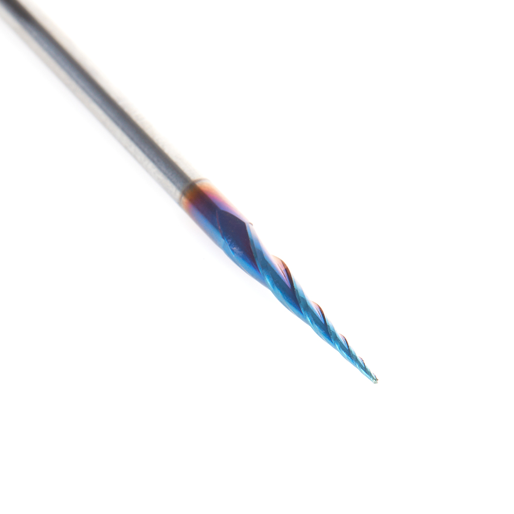 48418-K-M CNC 2D and 3D Carving 3.7 Deg Tapered Angle Ball Tip x .50mm Dia x .25mm Radius x 19mm x 3mm Shank x 75mm Long x 3 Flute Solid Carbide Up-Cut Spiral Spektra™ Extreme Tool Life Coated Router Bit