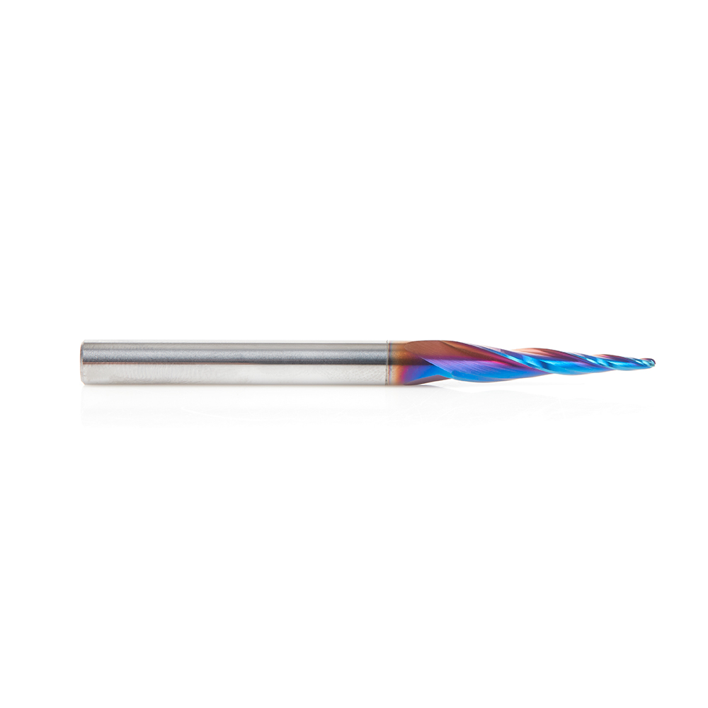 48420-K-M CNC 2D and 3D Carving 5.0 Deg Tapered Angle Ball Tip x 1.5mm Dia x 0.75mm Radius x 26mm x 6mm Shank x 75mm Long x 3 Flute Solid Carbide Up-Cut Spiral Spektra™ Extreme Tool Life Coated Router Bit