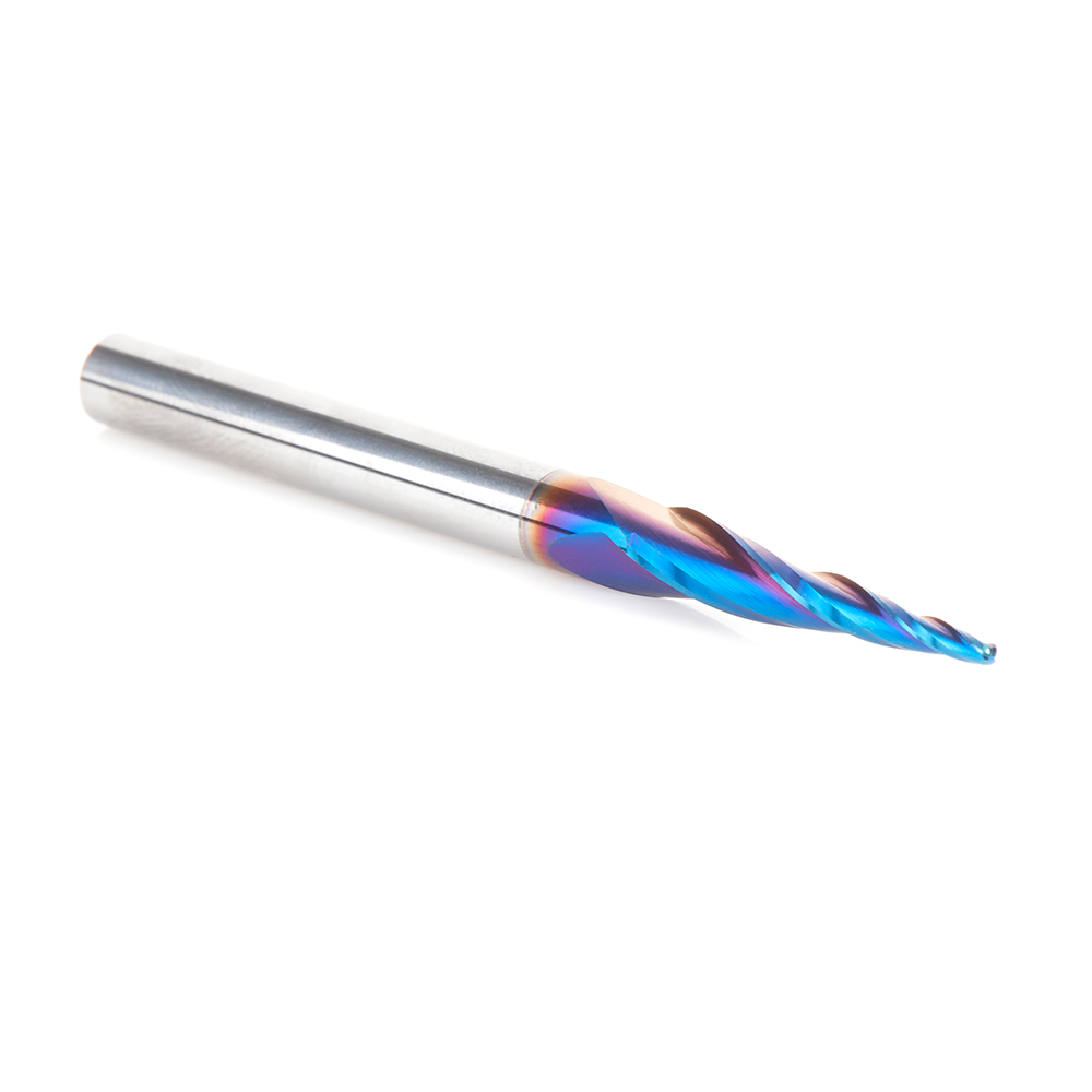 48420-K-M CNC 2D and 3D Carving 5.0 Deg Tapered Angle Ball Tip x 1.5mm Dia x 0.75mm Radius x 26mm x 6mm Shank x 75mm Long x 3 Flute Solid Carbide Up-Cut Spiral Spektra™ Extreme Tool Life Coated Router Bit