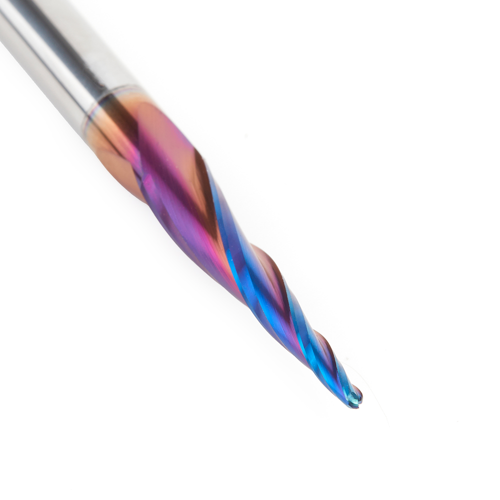 48420-K-M CNC 2D and 3D Carving 5.0 Deg Tapered Angle Ball Tip x 1.5mm Dia x 0.75mm Radius x 26mm x 6mm Shank x 75mm Long x 3 Flute Solid Carbide Up-Cut Spiral Spektra™ Extreme Tool Life Coated Router Bit