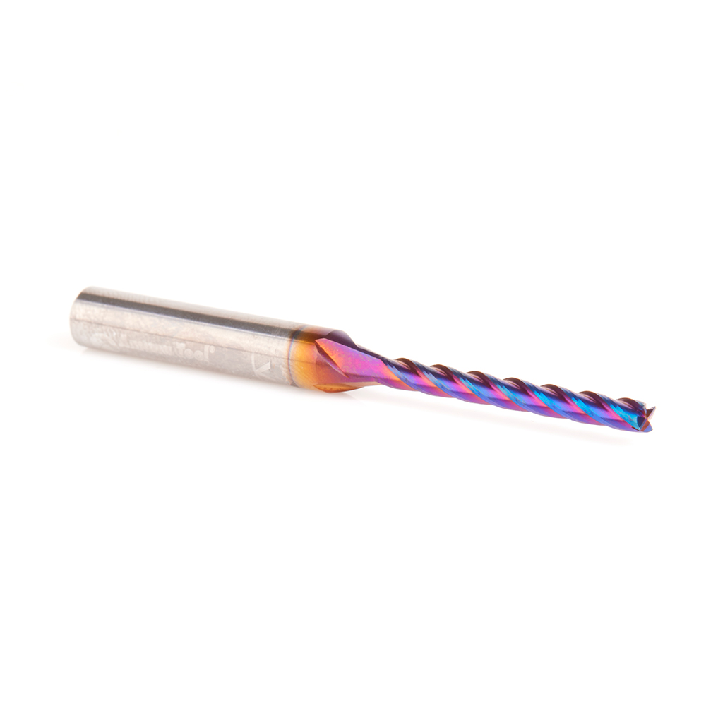 48424-K CNC 2D and 3D Carving Flat Bottom 0.10 Deg Angle x 3mm Dia x 28mm x 6mm Shank x 63mm Long x 4 Flute Solid Carbide Up-Cut Spiral Spektra™ Extreme Tool Life Coated Router Bit