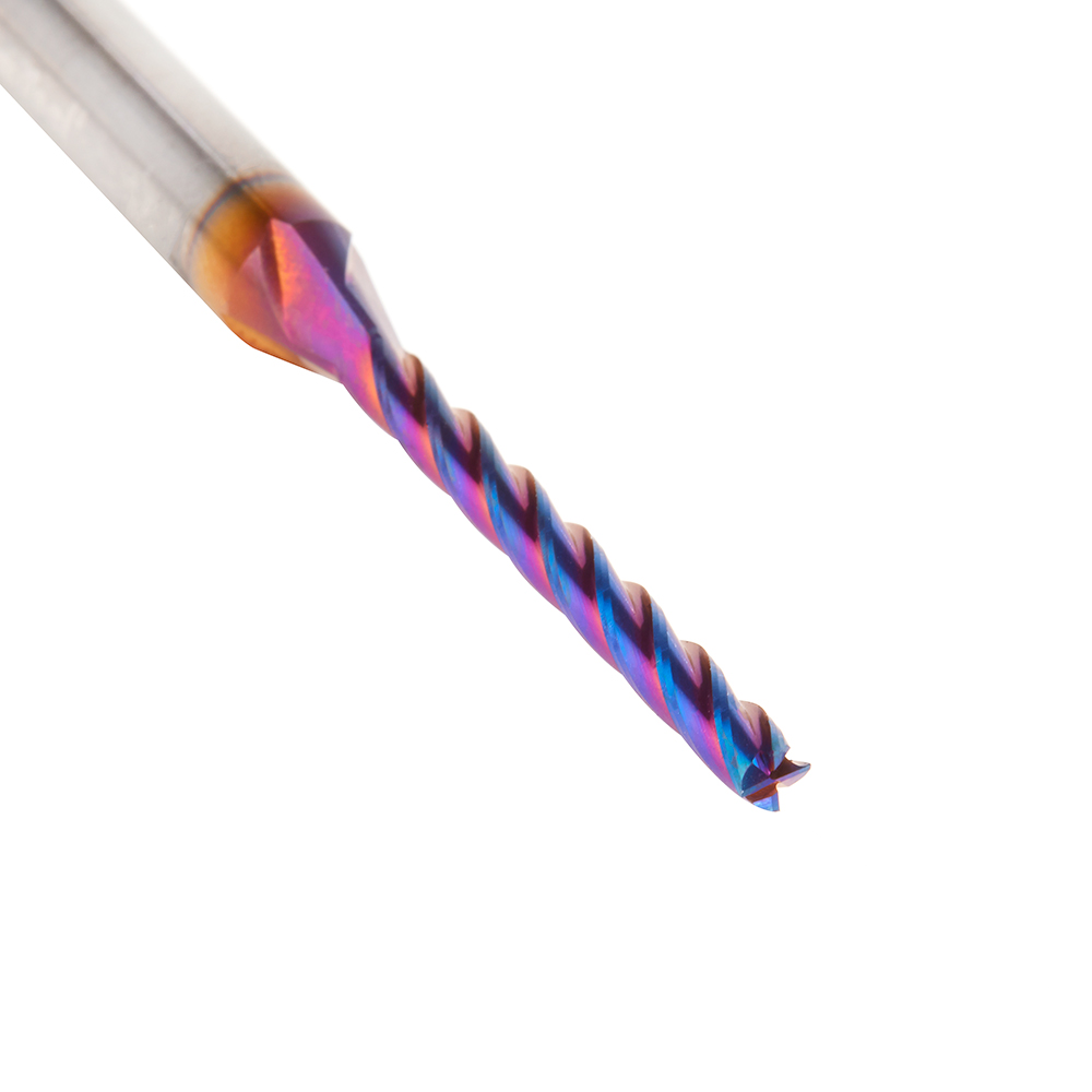48424-K CNC 2D and 3D Carving Flat Bottom 0.10 Deg Angle x 3mm Dia x 28mm x 6mm Shank x 63mm Long x 4 Flute Solid Carbide Up-Cut Spiral Spektra™ Extreme Tool Life Coated Router Bit