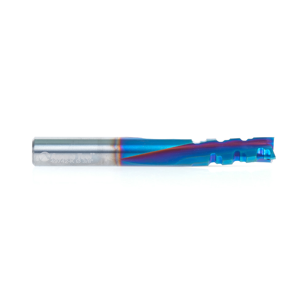 49742-K Solid Carbide CNC Spektra™ Extreme Tool Life Coated Spiral Phenolic, Resin and Composite with Chipbreaker 3/8 Dia x 1 x 3/8 Shank x 3 Inch Long Slow Helix Down-Cut Router Bit