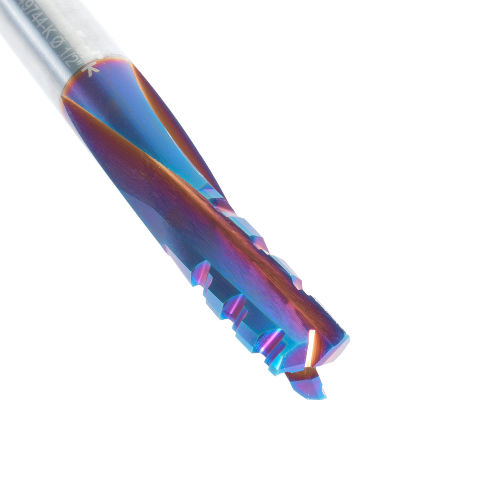 49744-K Solid Carbide CNC Spektra™ Extreme Tool Life Coated Spiral Phenolic, Resin and Composite with Chipbreaker 1/2 Dia x 1-1/4 x 1/2 Shank x 3-1/2 Inch Long Slow Helix Down-Cut Router Bit