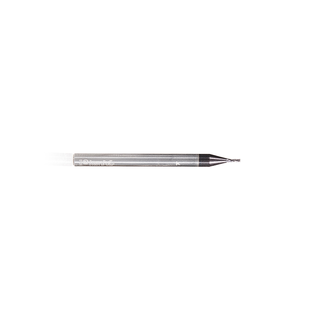 51601 CNC Solid Carbide Spiral for Steel & Stainless Steel with AlTiN Coating 4-Flute x 1/32 Dia x 5/64 x 1/8 Shank x 1-1/2 Inch Long Up-Cut Router Bit / 45º Corner Chamfer End Mill