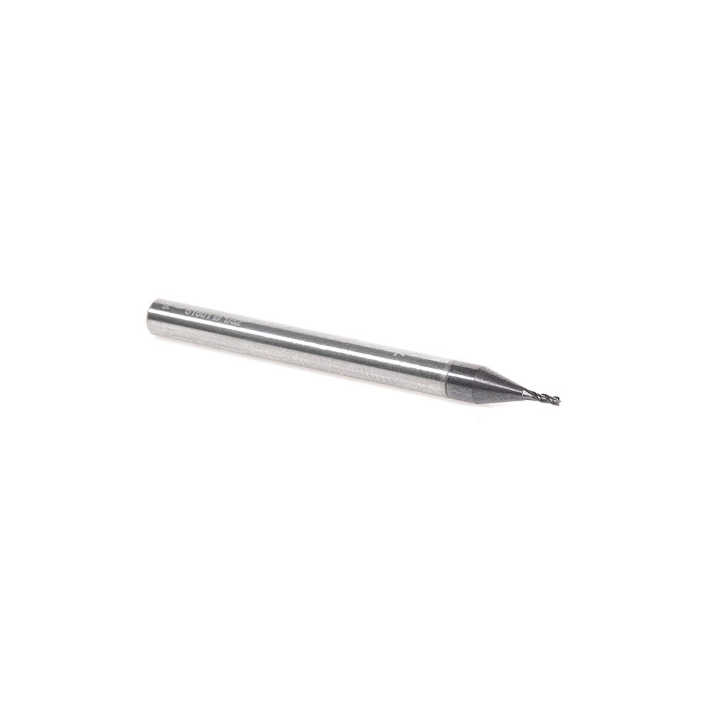 51601 CNC Solid Carbide Spiral for Steel & Stainless Steel with AlTiN Coating 4-Flute x 1/32 Dia x 5/64 x 1/8 Shank x 1-1/2 Inch Long Up-Cut Router Bit / 45º Corner Chamfer End Mill