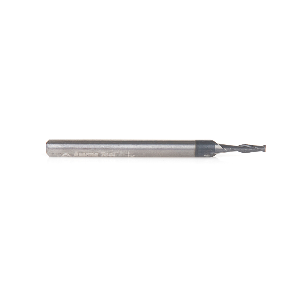 51673 CNC Solid Carbide Spiral for Steel & Stainless Steel with AlTiN Coating 2-Flute x 1/16 Dia x 3/16 x 1/8 Shank x 1-1/2 Inch Long Up-Cut Router Bit / 45º Corner Chamfer End Mill