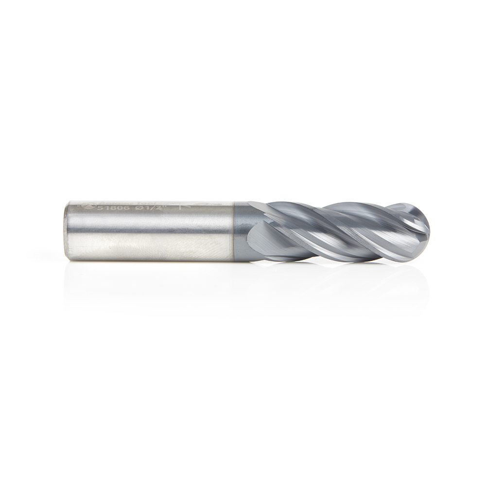51806 High Performance Solid Carbide CNC Steel, Stainless Steel & Composite Cutting Variable Helix Spiral Ball Nose with AlTiN Coating 4-Flute x 1/2 Dia x 1-1/4 x 1/2 Shank x 3 Inch Long Up-Cut Router Bit/End Mill