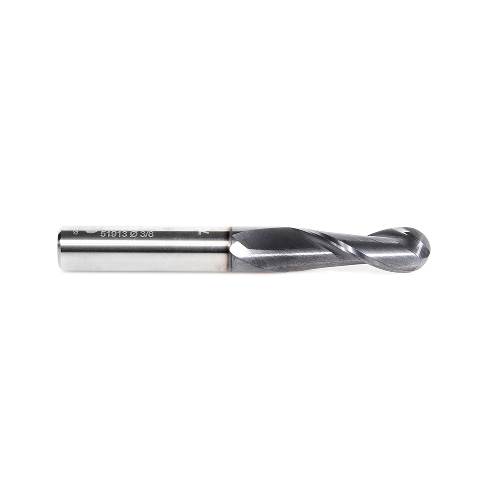 51913 High Performance Solid Carbide CNC Steel, Stainless Steel & Composite Cutting Variable Helix Spiral Ball Nose with AlTiN Coating 2-Flute x 3/16 Radius x 3/8 Dia x 1-1/8 x 3/8 Shank x 3 Inch Long Up-Cut Router Bit/End Mill