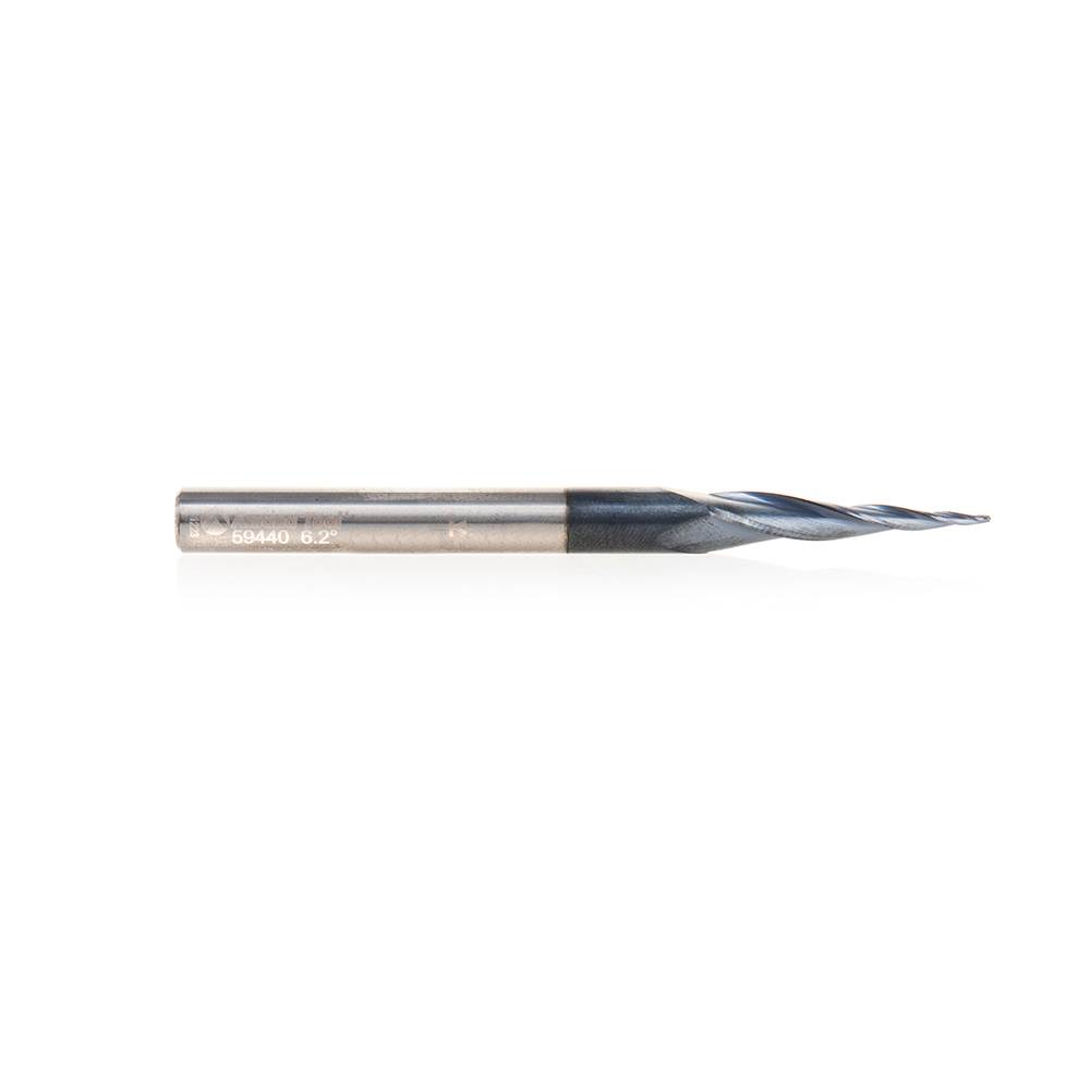 59440 Solid Carbide CNC 2D/3D Carving Steel, Stainless Steel & Composite Cutting Tapered Ball Nose with AlTiN Coating 3-Flute x 6.2 Deg x 1/64 Radius 1/32 Dia x 1 x 1/4 Shank x 3 Inch Long Up-Cut Router Bit