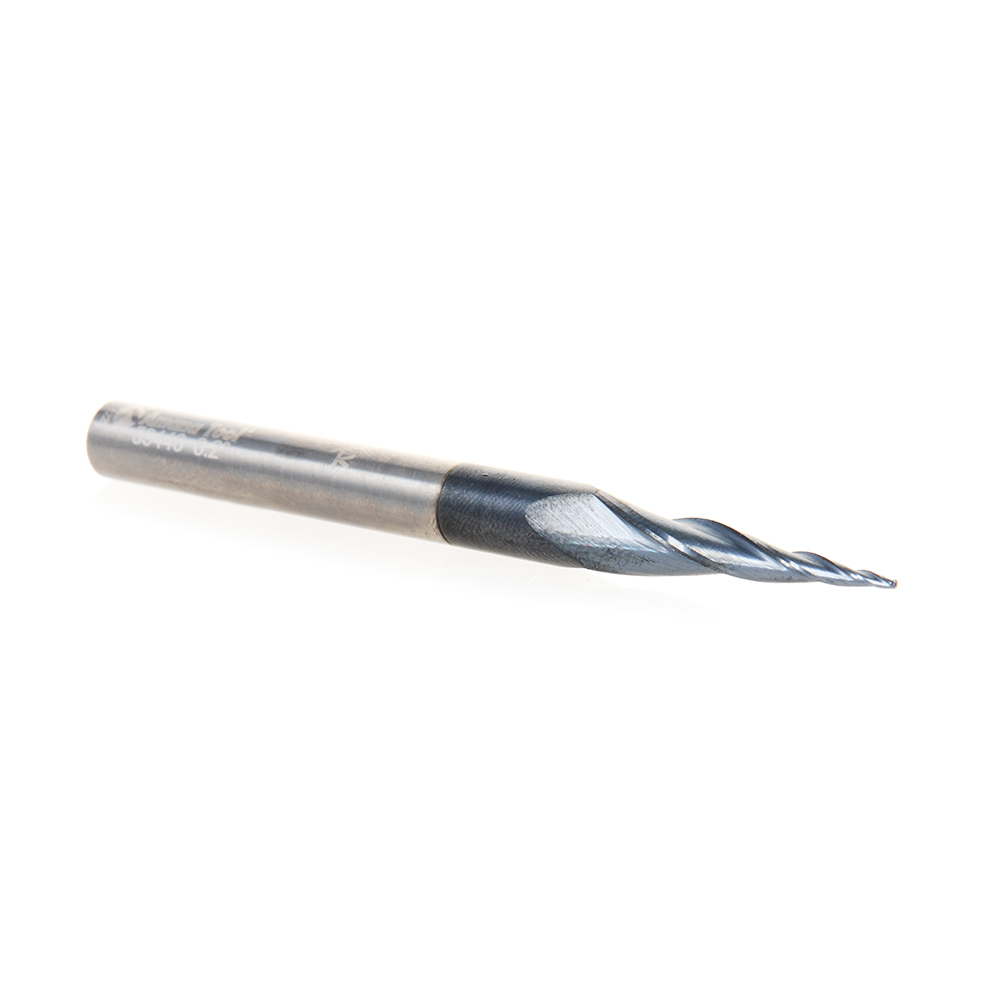 59440 Solid Carbide CNC 2D/3D Carving Steel, Stainless Steel & Composite Cutting Tapered Ball Nose with AlTiN Coating 3-Flute x 6.2 Deg x 1/64 Radius 1/32 Dia x 1 x 1/4 Shank x 3 Inch Long Up-Cut Router Bit