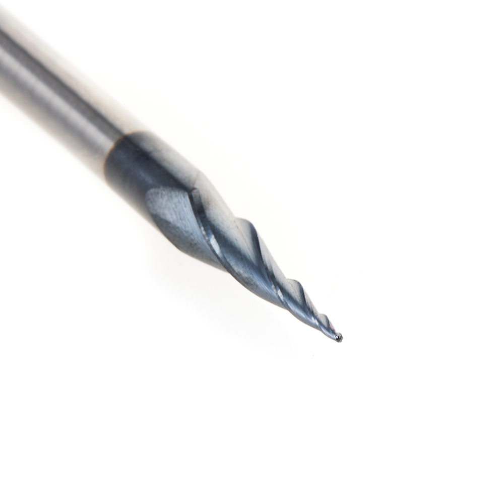59440 Solid Carbide CNC 2D/3D Carving Steel, Stainless Steel & Composite Cutting Tapered Ball Nose with AlTiN Coating 3-Flute x 6.2 Deg x 1/64 Radius 1/32 Dia x 1 x 1/4 Shank x 3 Inch Long Up-Cut Router Bit
